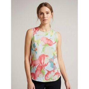 CLN Womens Floral Watercolor Sleeveless Blouse Blue Coral Green Size Small